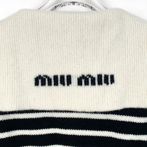 Miu Miu Striped Collar Knit Cardigan Sweater Black & White Short Sleeve Button F - Picture 5 of 8